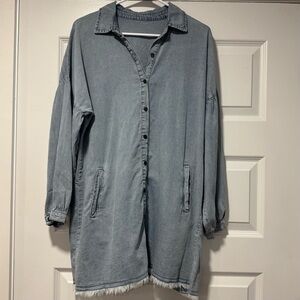 Denim Oversized Longline Button-Up Tunic with Frayed Hem